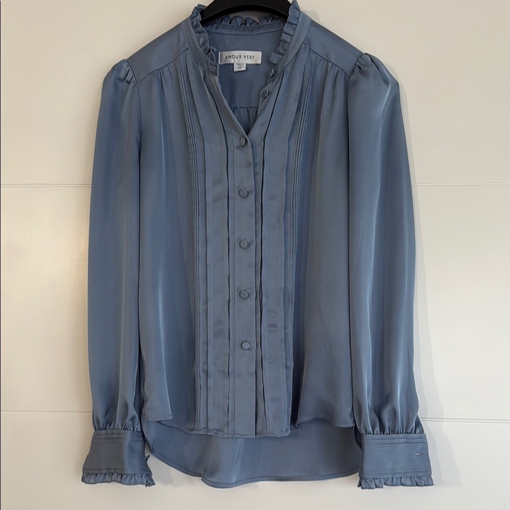 Amour Vert Blue Puff Sleeve Blouse with Mandarin Collar